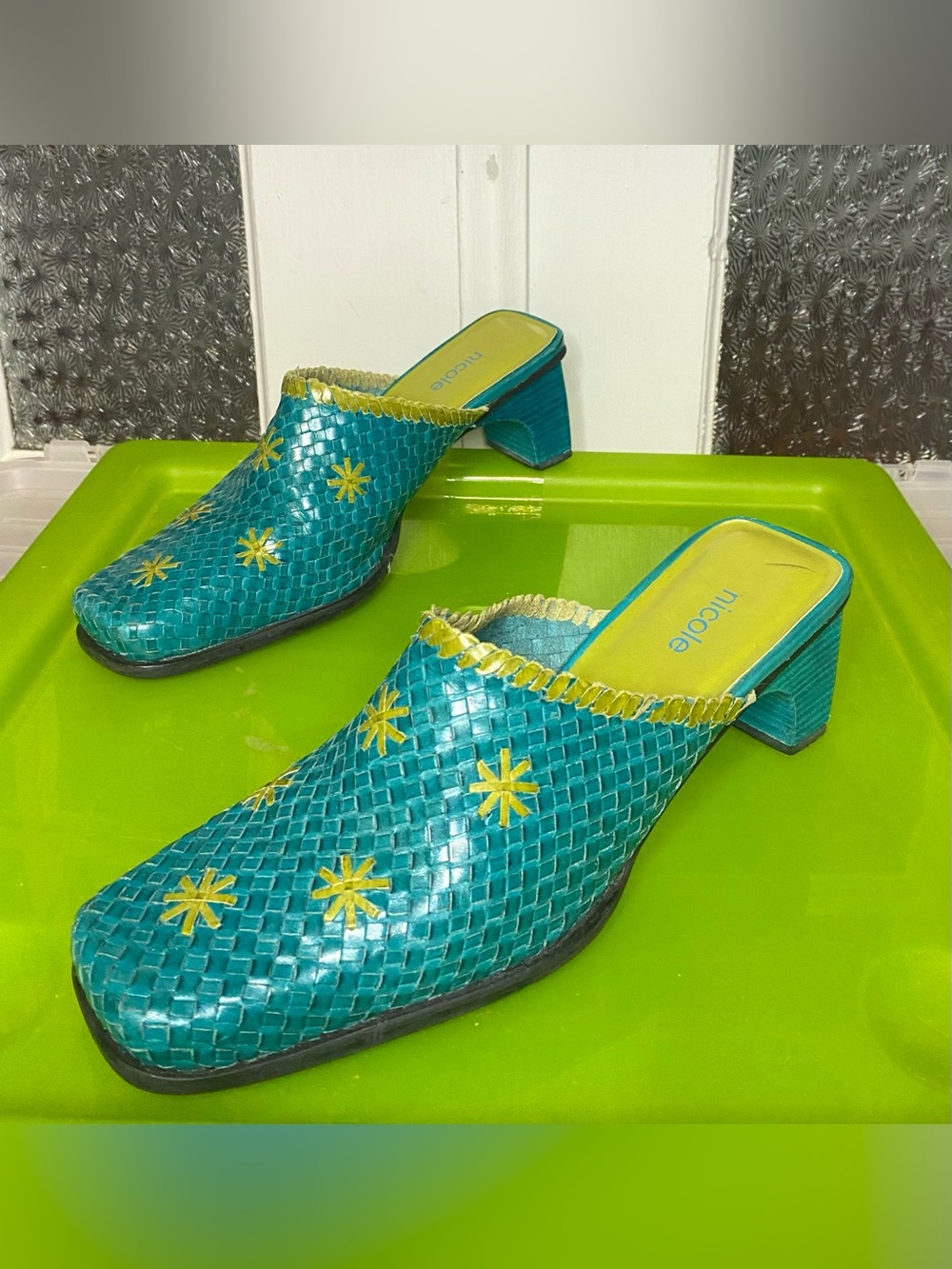 Nicole Teal Woven Leather Mules with Green Star Accents